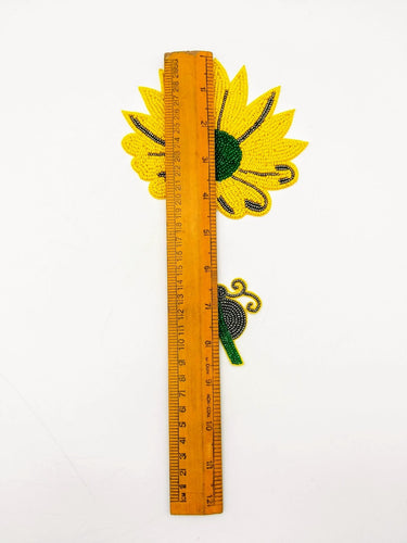 Hand Embroidered Yellow and Green Floral Applique With Snail, Beaded Applique, 1 Piece
